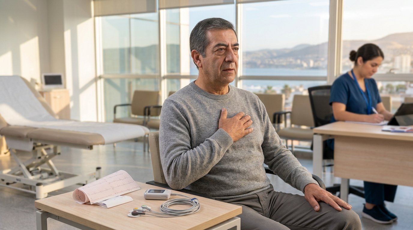 Persona con palpitaciones extrañas durante una evaluación de Cardiología en La Serena